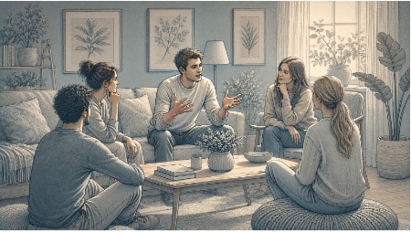 Adult man with ADHD speaking energetically during a group conversation while others listen patiently around a coffee table.