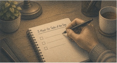 Man writing his top 3 priority tasks of the day in his daily journal.