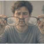 Man holding his eyeglasses in front of his face as he experiences blurred vision due to anxiety.