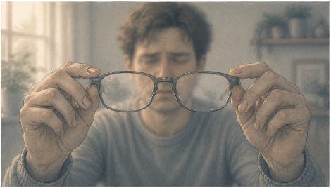 Man holding his eyeglasses in front of his face as he experiences blurred vision due to anxiety.