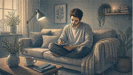 Man journaling on a quiet sofa with a warm cup of tea, practicing a self-care routine to manage emotional suppression and ADHD-related burnout.