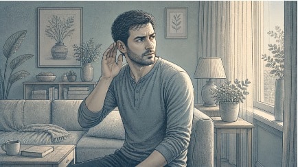 Adult man looking warily toward a window with his hand near his ear, depicting the constant internal threat signals paranoid schizophrenia produces.
