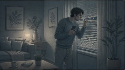 Young man peering anxiously through window blinds in a dim living room, gripping his phone tightly with a fearful, suspicious expression.