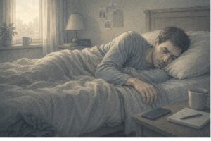 Man lying in bed due to depression fatigue