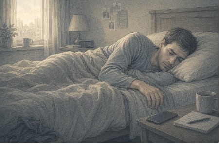 Man lying in bed due to depression fatigue