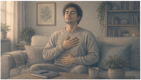 Man practicing deep breathing to calm his anxiety and reduce blurred vision symptoms. 