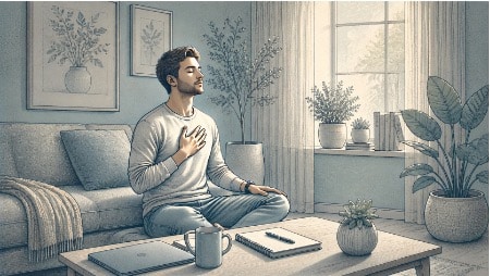 Man with ADHD practicing slow breathing before a meeting, using a quiet moment to calm impulsivity and prepare to listen.