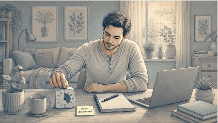 Man setting a kitchen timer next to a sticky note with one small task written on it, actively using practical strategies to start working through ADHD paralysis.
