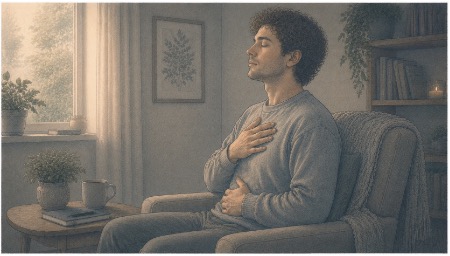 Man practicing diaphragmatic breathing to counter anxiety-driven shallow breathing and restore his oxygen balance. 