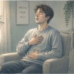 Man taking deep breaths to regulate himself during an ADHD meltdown.