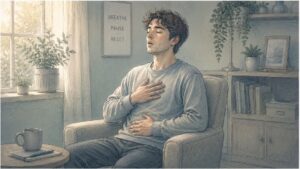 Man taking deep breaths to regulate himself during an ADHD meltdown.