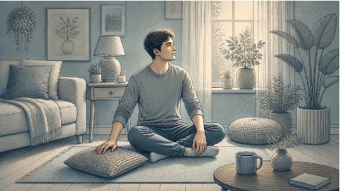 Young man practicing the 5-4-3-2-1 grounding technique in his living room, using sensory awareness to calm hypervigilance symptoms.