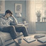 Young adult sitting quietly on a couch with a tired expression after finishing a focused task, showing the emotional dip of an ADHD dopamine crash.