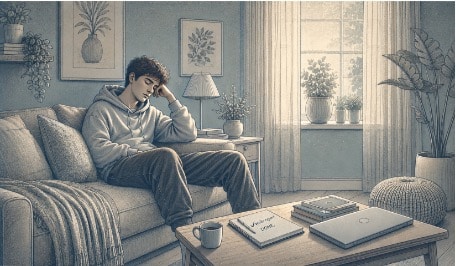 Young adult sitting quietly on a couch with a tired expression after finishing a focused task, showing the emotional dip of an ADHD dopamine crash.