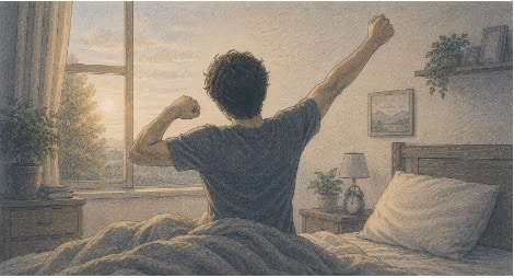 Man taking a simple morning stretch, a micro-step to start his day 