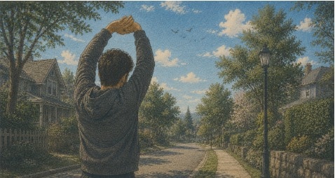 Man stretching his arms as he goes on a short neighborhood walk on a sunny day 