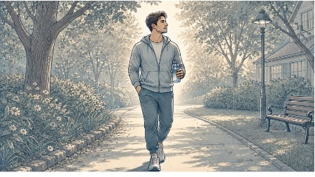 Man taking a brisk outdoor walk in morning sunlight with water bottle in hand, practicing active self-care to manage ADHD dopamine crashes.