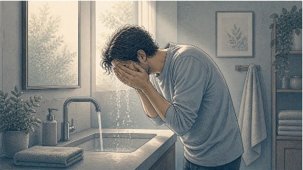 Man leaning over a bathroom sink, splashing cold water on his face, demonstrating a physical grounding technique to interrupt distress.