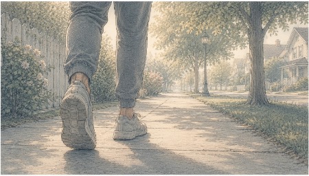 Man taking a slow neighborhood walk to release tension and regulate his nervous system after an ADHD meltdown 
