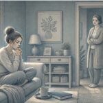 Young adult sitting alone by a window with a worried expression while a concerned family member watches quietly from the doorway.