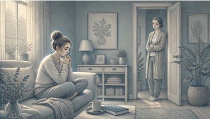 Young adult sitting alone by a window with a worried expression while a concerned family member watches quietly from the doorway.