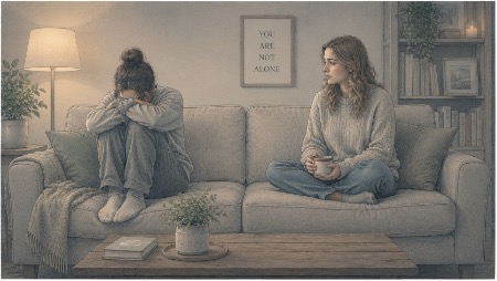 Woman quietly staying present with a friend during an ADHD meltdown to provide calm support without pressure 