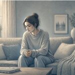 Adult sitting quietly on a couch with hands clasped, looking distressed and withdrawn after experiencing a traumatic event.