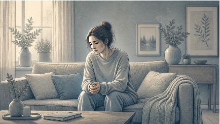 Adult sitting quietly on a couch with hands clasped, looking distressed and withdrawn after experiencing a traumatic event.