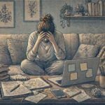 Exhausted woman with ADHD sitting on a couch with her head in her hands, surrounded by an unfinished to-do list and a cluttered laptop.