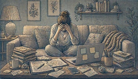 Exhausted woman with ADHD sitting on a couch with her head in her hands, surrounded by an unfinished to-do list and a cluttered laptop.