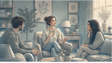 Woman with ADHD pausing mid-sentence in conversation, reflecting on her speaking pattern with a thoughtful expression.