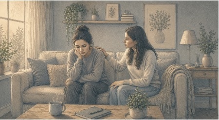 A friend comforting a woman in a depression slump 