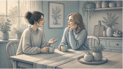 Friend gently listening to a loved one share grandiose beliefs without judgment or argument.