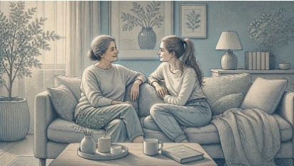 Adult child listening calmly to a parent experiencing grandiose delusions during a supportive at-home conversation.