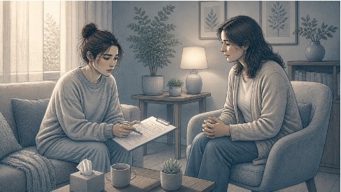 Client and therapist seated across from each other in a quiet office, working through a DBT skills worksheet together to address splitting patterns.