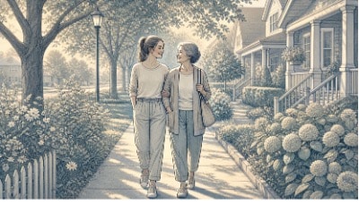 Family member maintaining steady connection through routine walks to support a loved one experiencing delusions. 