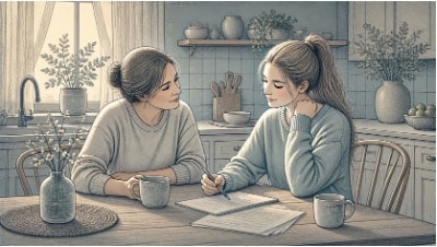 Mother and adult daughter having a calm, supportive conversation at a kitchen table while reviewing notes about recent behavioral changes.