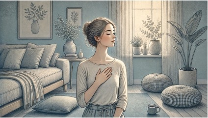 Woman pausing mid-thought with her hand on her chest, practicing self-awareness to interrupt black and white thinking patterns.