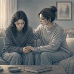 Young woman quietly comforting a distressed friend on a living room couch, offering steady emotional support after a traumatic experience.
