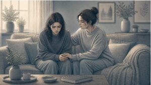 Young woman quietly comforting a distressed friend on a living room couch, offering steady emotional support after a traumatic experience.