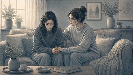 Young woman quietly comforting a distressed friend on a living room couch, offering steady emotional support after a traumatic experience.