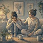 Adult woman sitting on a couch beside a supportive friend who listens quietly, showing the calm presence that helps a loved one cope with acute stress disorder after trauma.