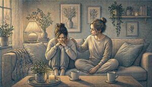 Adult woman sitting on a couch beside a supportive friend who listens quietly, showing the calm presence that helps a loved one cope with acute stress disorder after trauma.