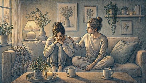 Adult woman sitting on a couch beside a supportive friend who listens quietly, showing the calm presence that helps a loved one cope with acute stress disorder after trauma.
