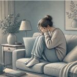 Young woman sitting curled up on a couch in a softly lit living room, holding her head in her hands during an intense emotional moment.