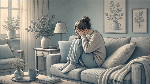 Young woman sitting curled up on a couch in a softly lit living room, holding her head in her hands during an intense emotional moment.