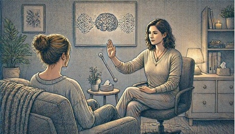 Female therapist guiding a client through an EMDR session in a softly lit office, showing the bilateral stimulation technique used in evidence-based acute stress disorder treatment.