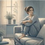Woman with PTSD sitting tense by a window, scanning her surroundings with a watchful expression that reflects ongoing hypervigilance.