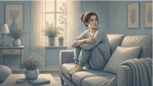 Woman with PTSD sitting tense by a window, scanning her surroundings with a watchful expression that reflects ongoing hypervigilance.