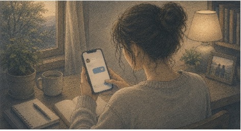 Woman sitting on a chair reaching out to a friend via chat in a warmly lit room